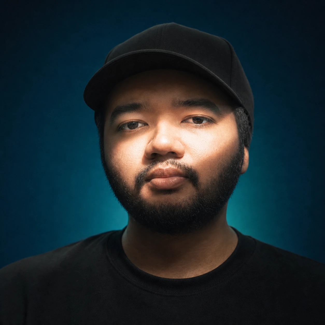 Blurskye wearing a black cap in a teal-lit studio portrait